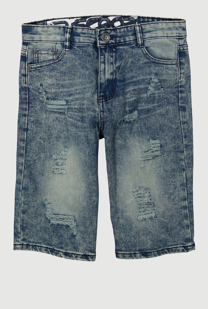 Boys Mineral Wash Whiskered Distressed Shorts, Blue, Size 16