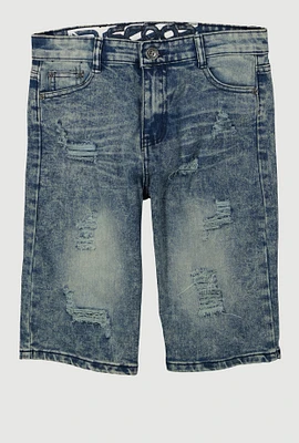 Boys Mineral Wash Whiskered Distressed Shorts, Blue, Size 16