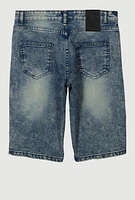 Boys Mineral Wash Whiskered Distressed Shorts, Blue, Size 16