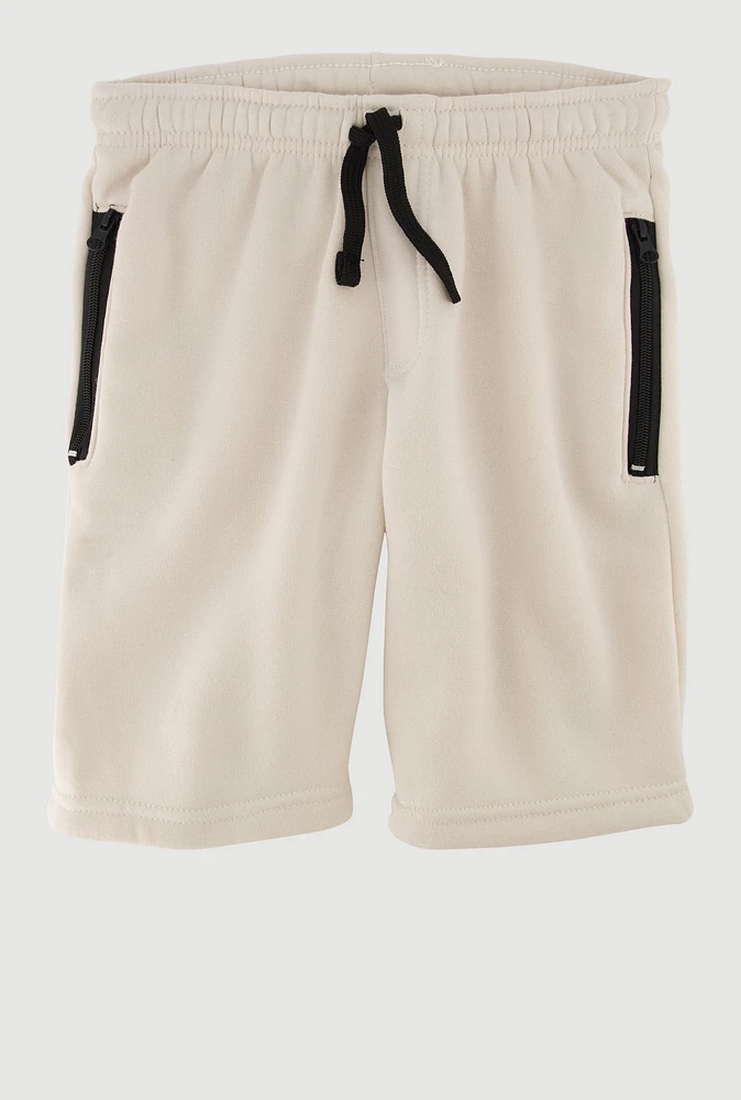 Boys Stylish Drawstring Waist Sweatshorts with Zip Pockets, Khaki, Size 8