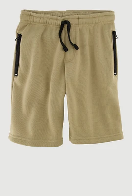 Boys Fleece Sweatshorts with Drawstring Waist and Zip Pockets, Khaki,