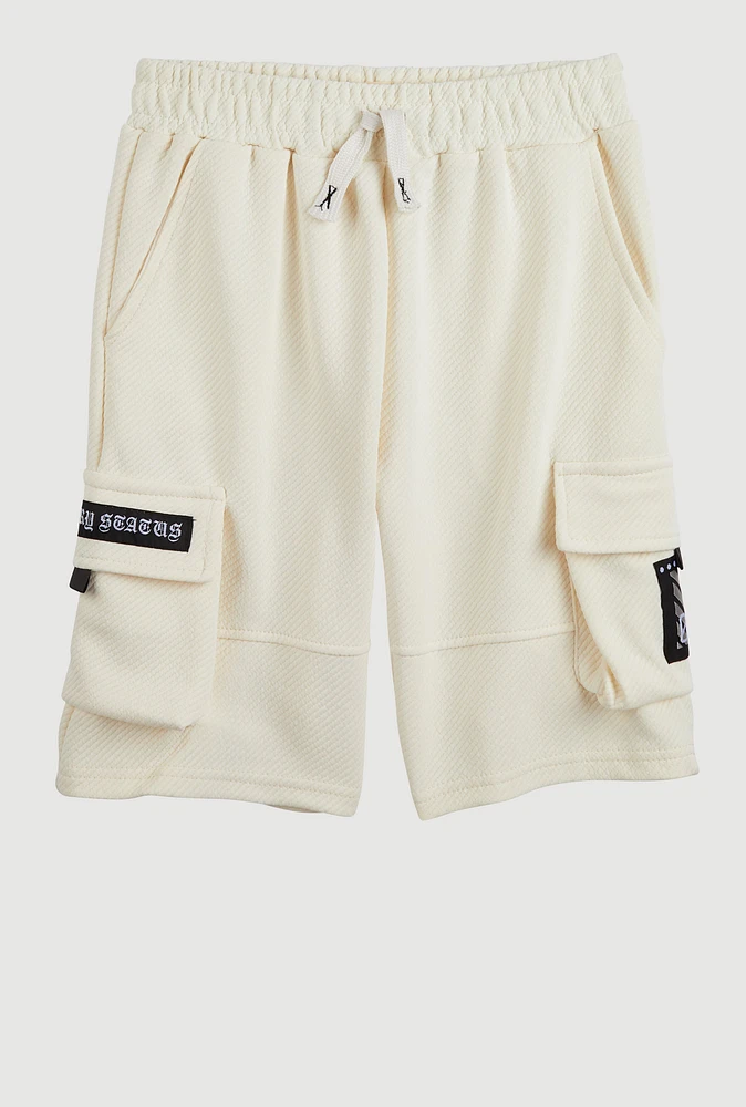 Boys Textured Knit Patch Cargo Sweatshorts, White, Size 14-16