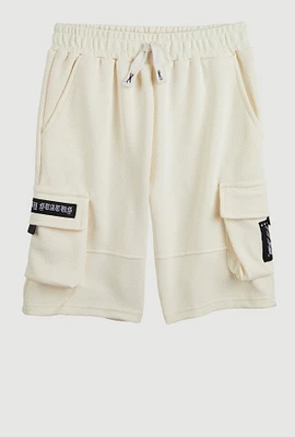Boys Textured Knit Patch Cargo Sweatshorts, White, Size 14-16
