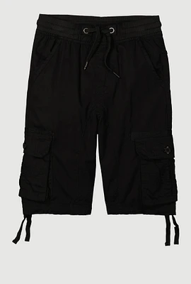 Boys Twill Drawstring Waist Bermuda Cargo Shorts, Black, Size 8