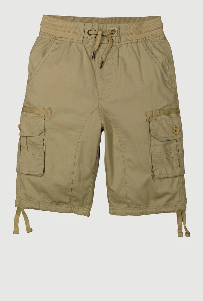 Boys Twill Solid Tie Hem Cargo Shorts, Khaki, Size 10-12