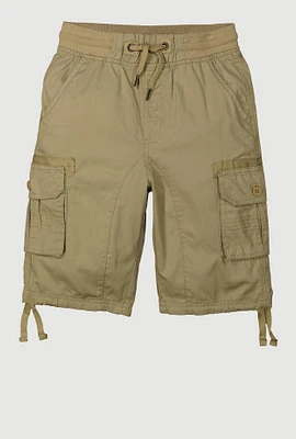 Boys Twill Solid Tie Hem Cargo Shorts, Khaki, Size 10-12