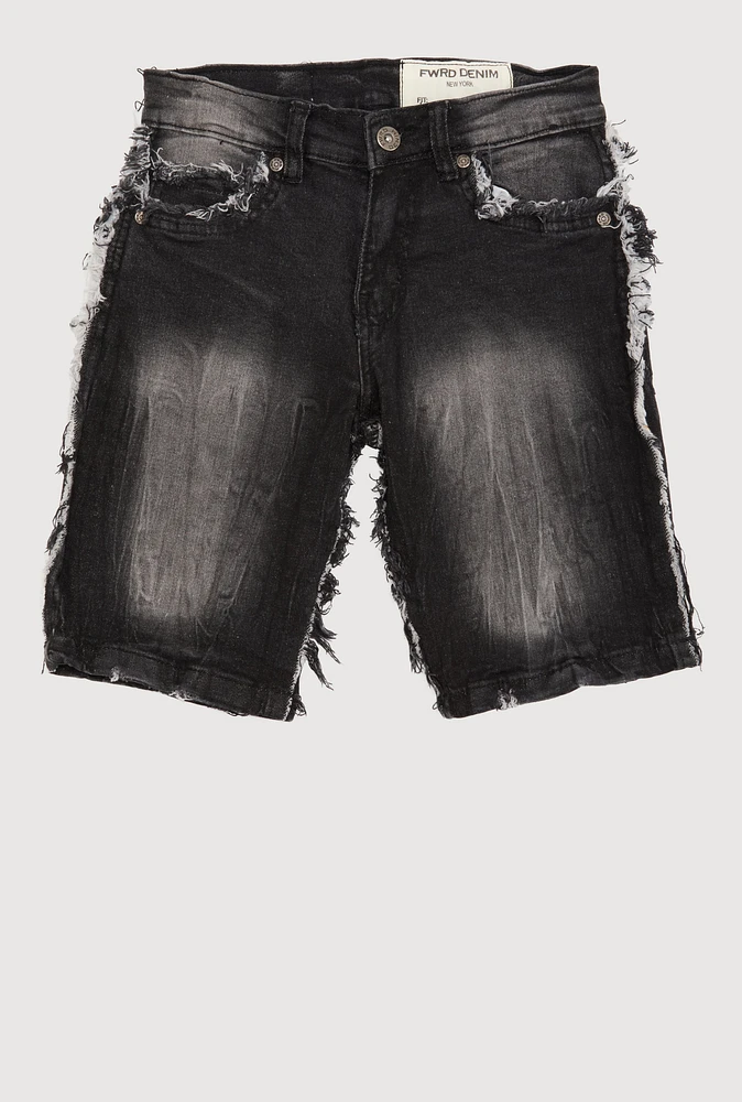 Boys Mineral Wash Frayed Denim Shorts, Black, Size 20