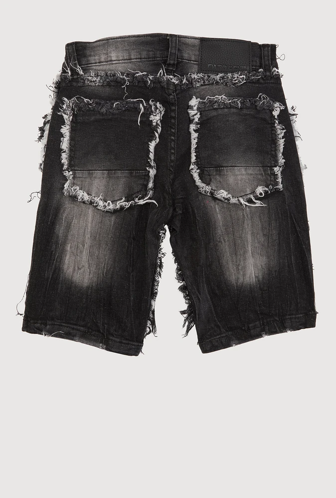 Boys Mineral Wash Frayed Denim Shorts, Black,