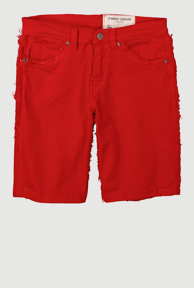 Boys Solid Frayed Trim Denim Shorts, Red,