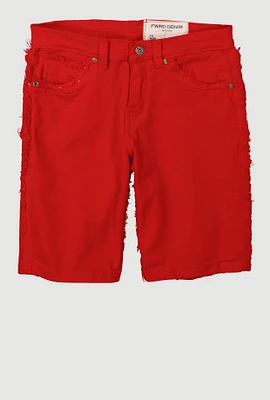 Boys Solid Frayed Trim Denim Shorts, Red,
