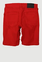 Boys Solid Frayed Trim Denim Shorts, Red,
