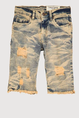 Boys Mineral Wash Frayed Denim Bermuda Shorts, Blue,
