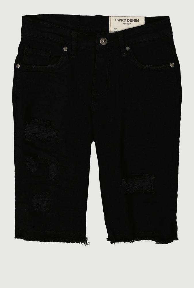 Boys Distressed Patch and Repair Denim Shorts, Black, Size 8