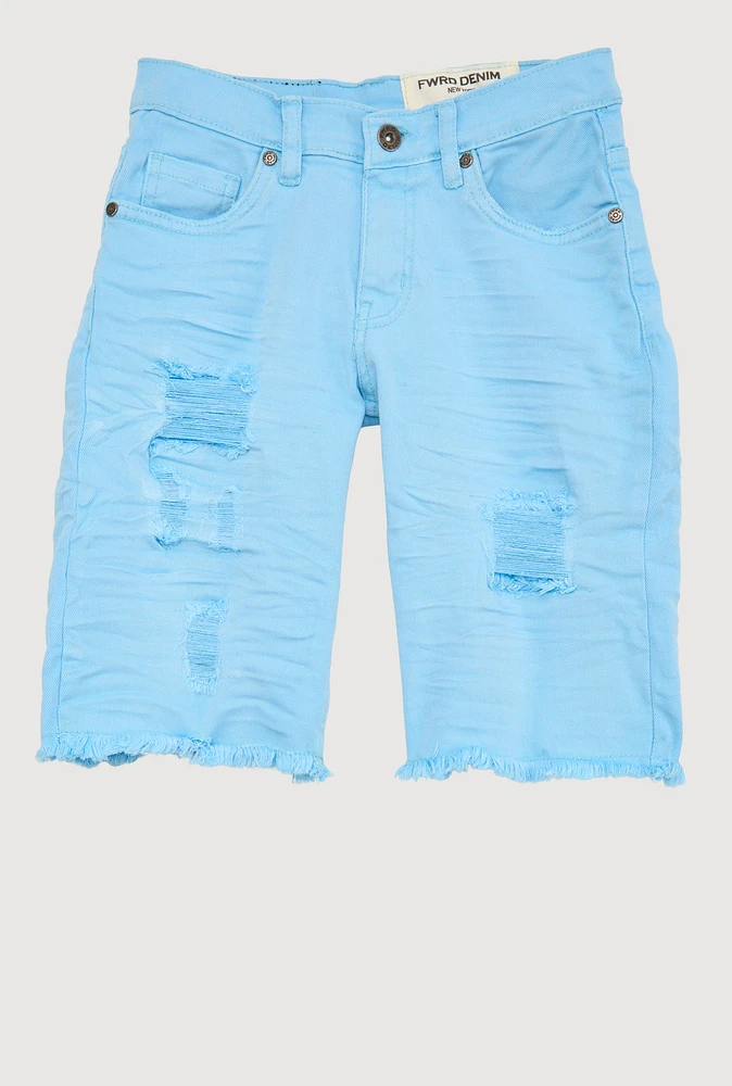 Boys Patch and Repair Denim Bermuda Shorts, Blue, Size 10
