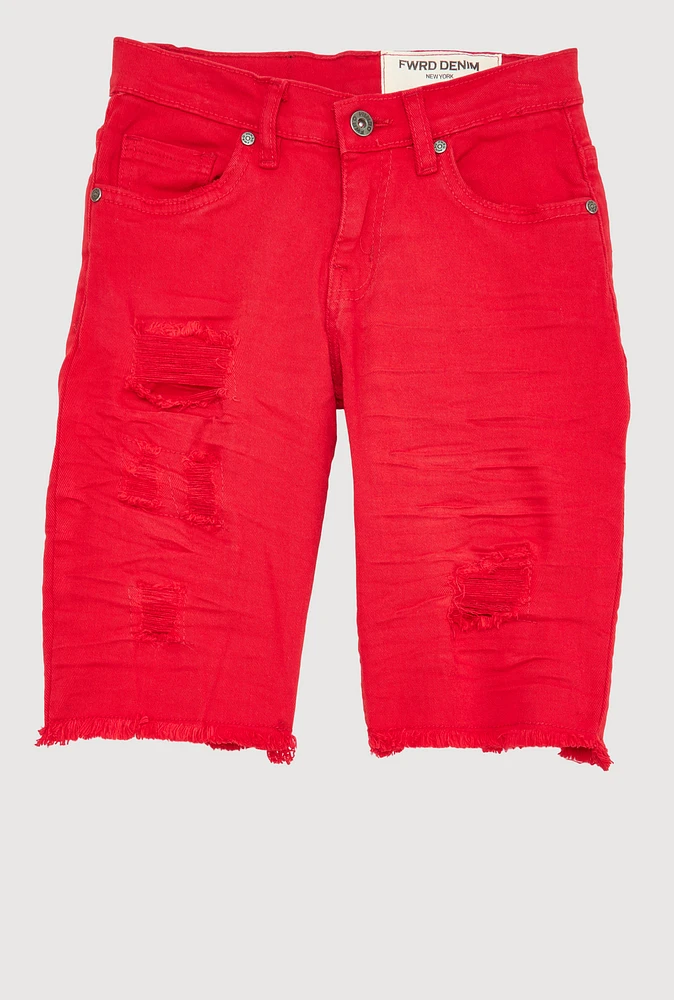 Boys Patch and Repair Frayed Denim Bermuda Shorts, Red,