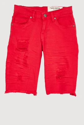 Boys Patch and Repair Frayed Denim Bermuda Shorts, Red,