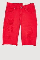 Boys Patch and Repair Frayed Denim Bermuda Shorts, Red,