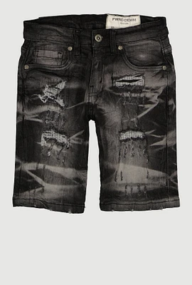 Boys Whiskered Rip and Repair Denim Shorts, Black,