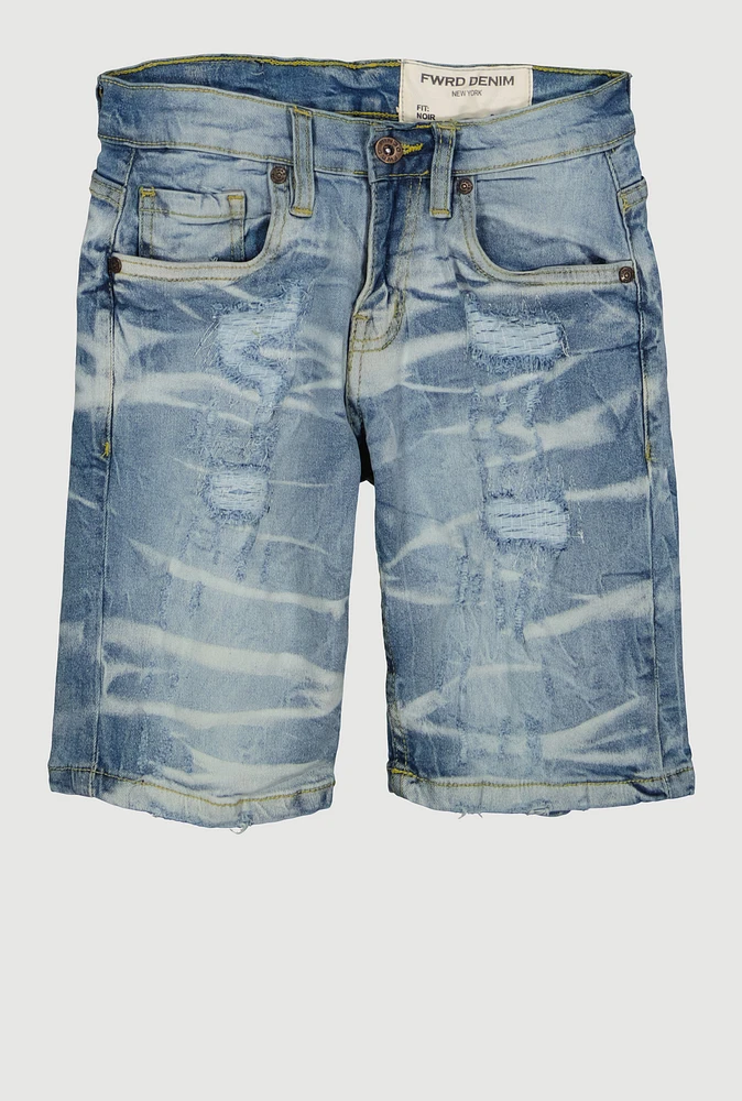 Boys Whiskered Distressed Denim Shorts, Blue, Size 16