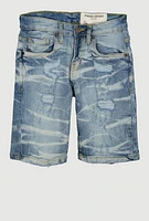 Boys Whiskered Distressed Denim Shorts, Blue, Size 16