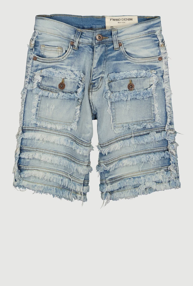Boys Frayed Tiered Trim Denim Shorts, Blue, Size 18