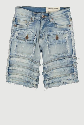 Boys Frayed Tiered Trim Denim Shorts, Blue, Size 18