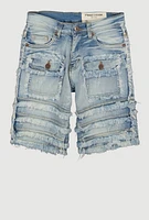 Boys Frayed Tiered Trim Denim Shorts, Blue, Size 18