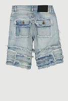 Boys Frayed Tiered Trim Denim Shorts, Blue, Size 18