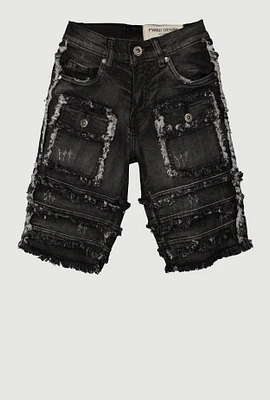 Boys Distressed Frayed Cargo Denim Shorts, Black,