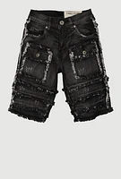 Boys Distressed Frayed Cargo Denim Shorts, Black,