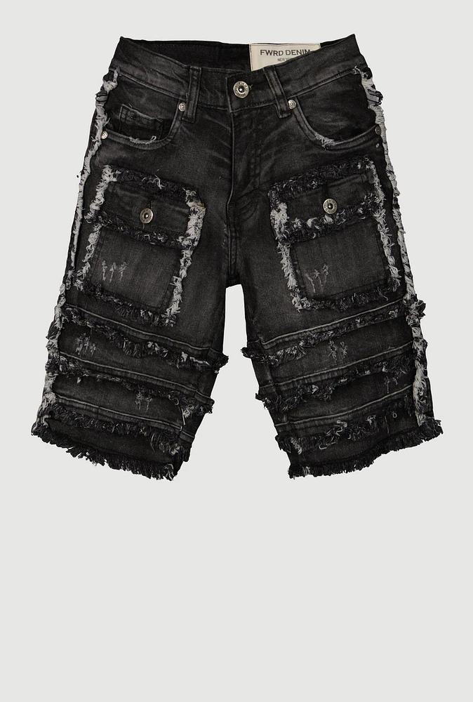 Boys Distressed Frayed Cargo Denim Shorts, Black, Size 8
