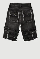 Boys Distressed Frayed Cargo Denim Shorts, Black,