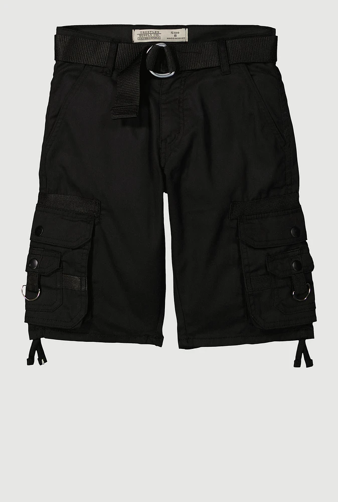 Boys Belted Cargo Pocket Shorts, Black, Size 14