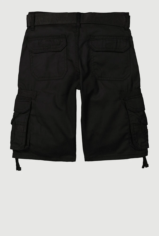 Boys Belted Cargo Pocket Shorts, Black, Size 14