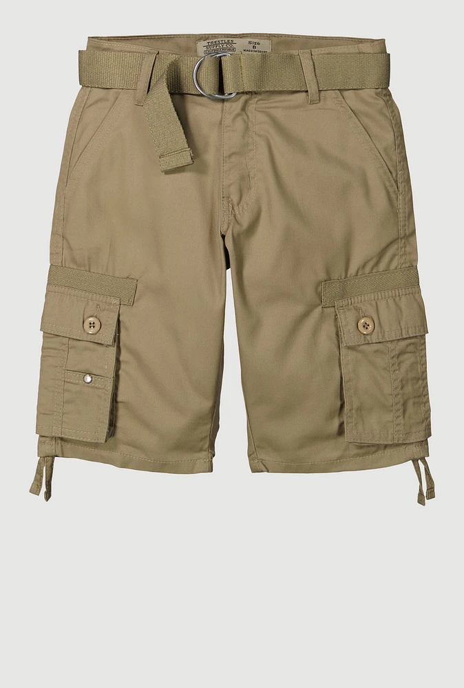 Boys Belted Tie Hem Cargo Shorts, Khaki, Size 8