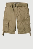 Boys Belted Tie Hem Cargo Shorts, Khaki, Size 8