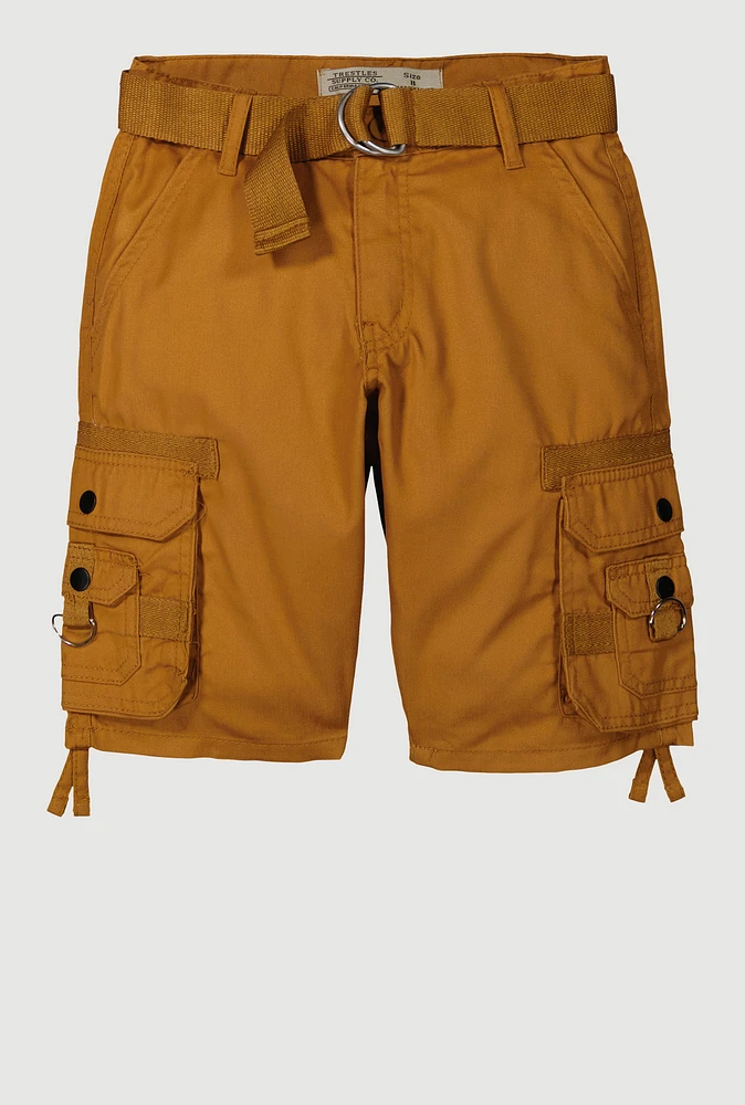 Boys Tie Hem Belted Cargo Shorts, Brown,