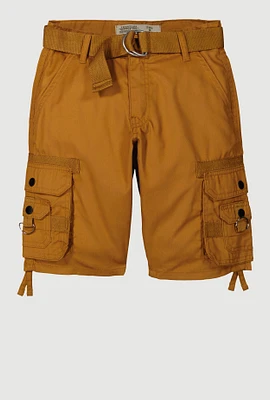 Boys Tie Hem Belted Cargo Shorts, Brown,