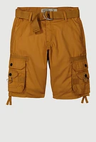 Boys Tie Hem Belted Cargo Shorts, Brown,