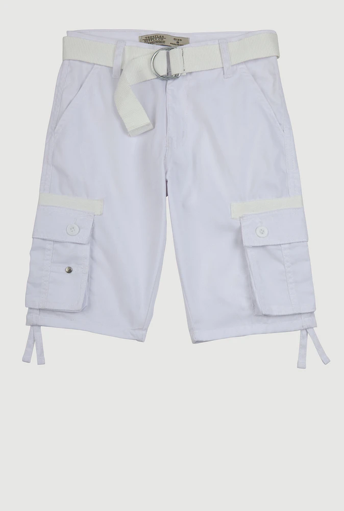 Boys Twill Tie Hem Belted Cargo Shorts, White,