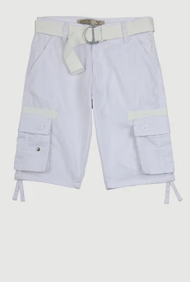Boys Twill Tie Hem Belted Cargo Shorts, White,