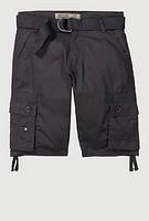 Boys Tie Hem Belted Cargo Pocket Shorts, Grey