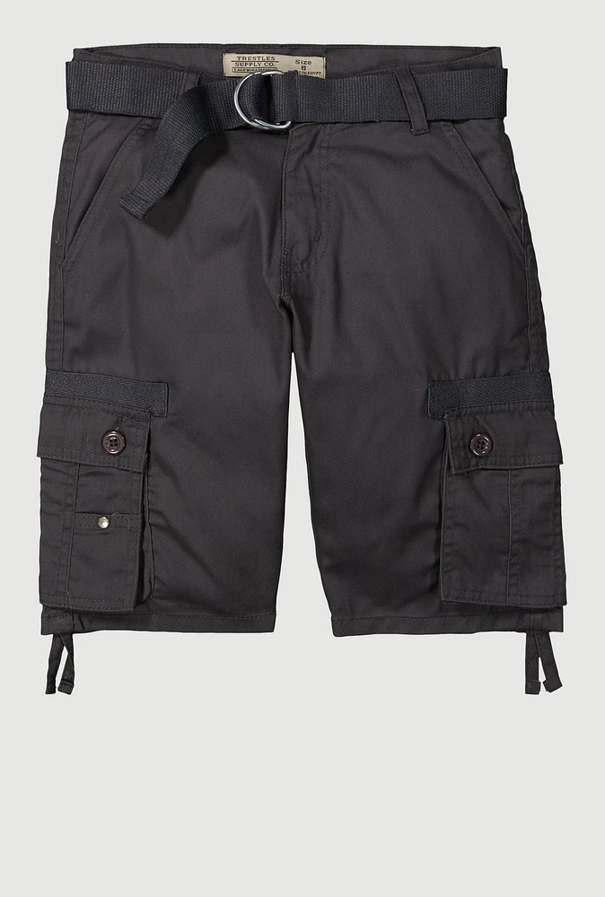 Boys Tie Hem Belted Cargo Pocket Shorts, Grey, Size 16