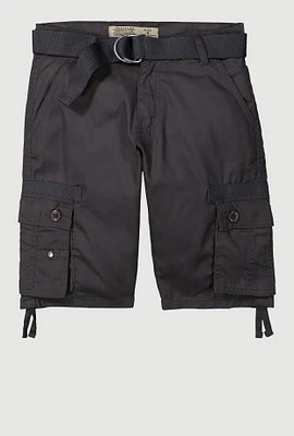 Boys Tie Hem Belted Cargo Pocket Shorts, Grey, Size 16