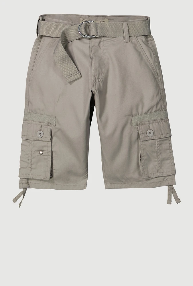Boys Belted Tie Hem Cargo Pocket Shorts, Grey, Size 12
