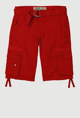 Boys Solid Belted Tie Hem Cargo Shorts, Red, Size 12