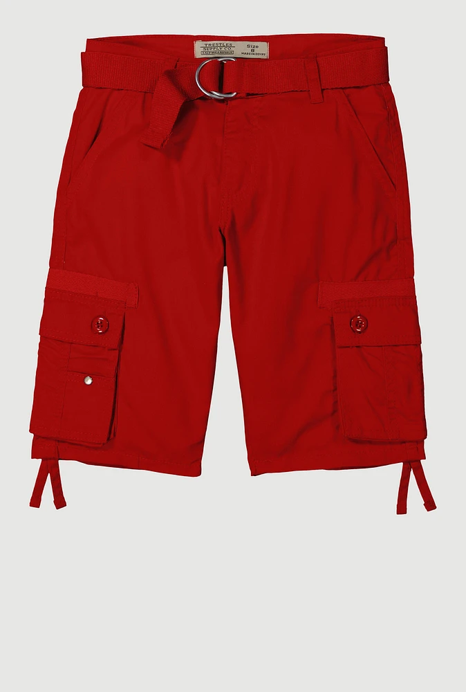 Boys Solid Belted Tie Hem Cargo Shorts, Red, Size 16