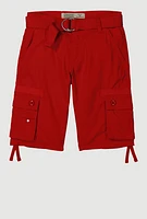 Boys Solid Belted Tie Hem Cargo Shorts, Red, Size 16