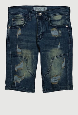 Boys Denim Decorative Stitch Distressed Shorts, Blue