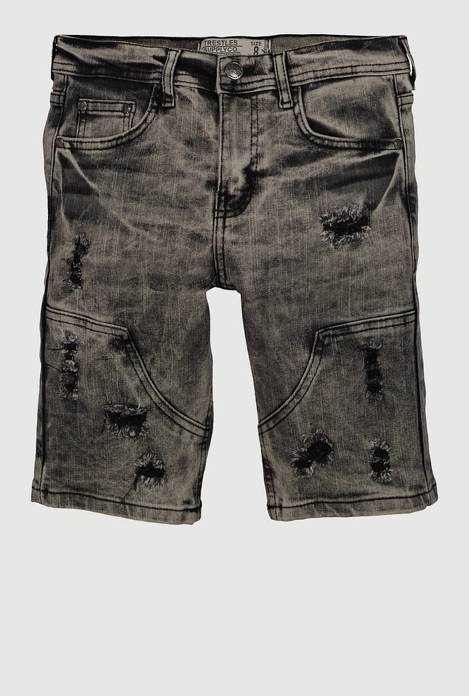 Boys Mineral Wash Distressed Shorts, Black, Size 16